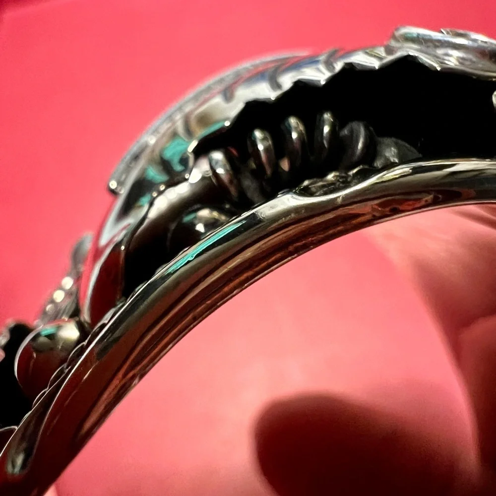Vintage sterling silver Cuff Bracelet c11 925 Mexico Flower design/ turquoise - Picture 13 of 16